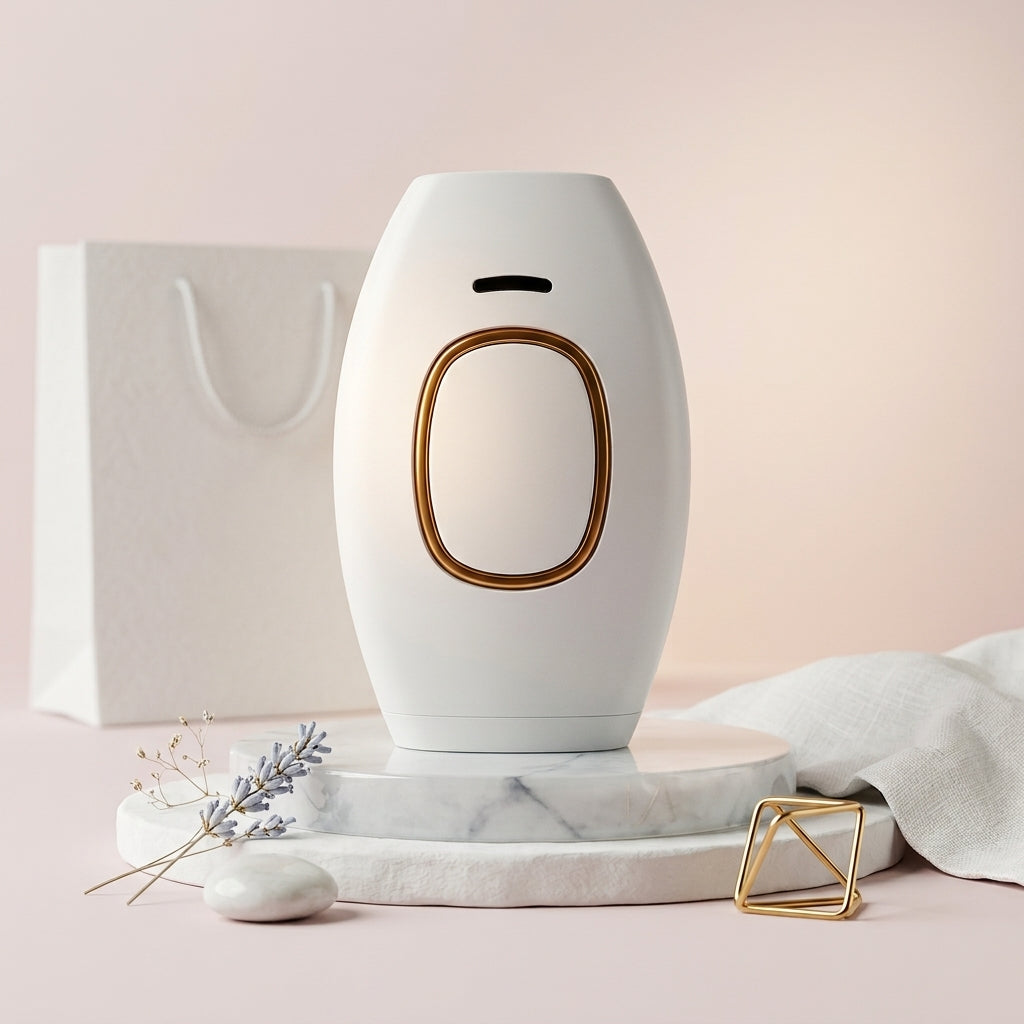 IPL device in minimalistic setting with a luxury background standing on a subtle platform.