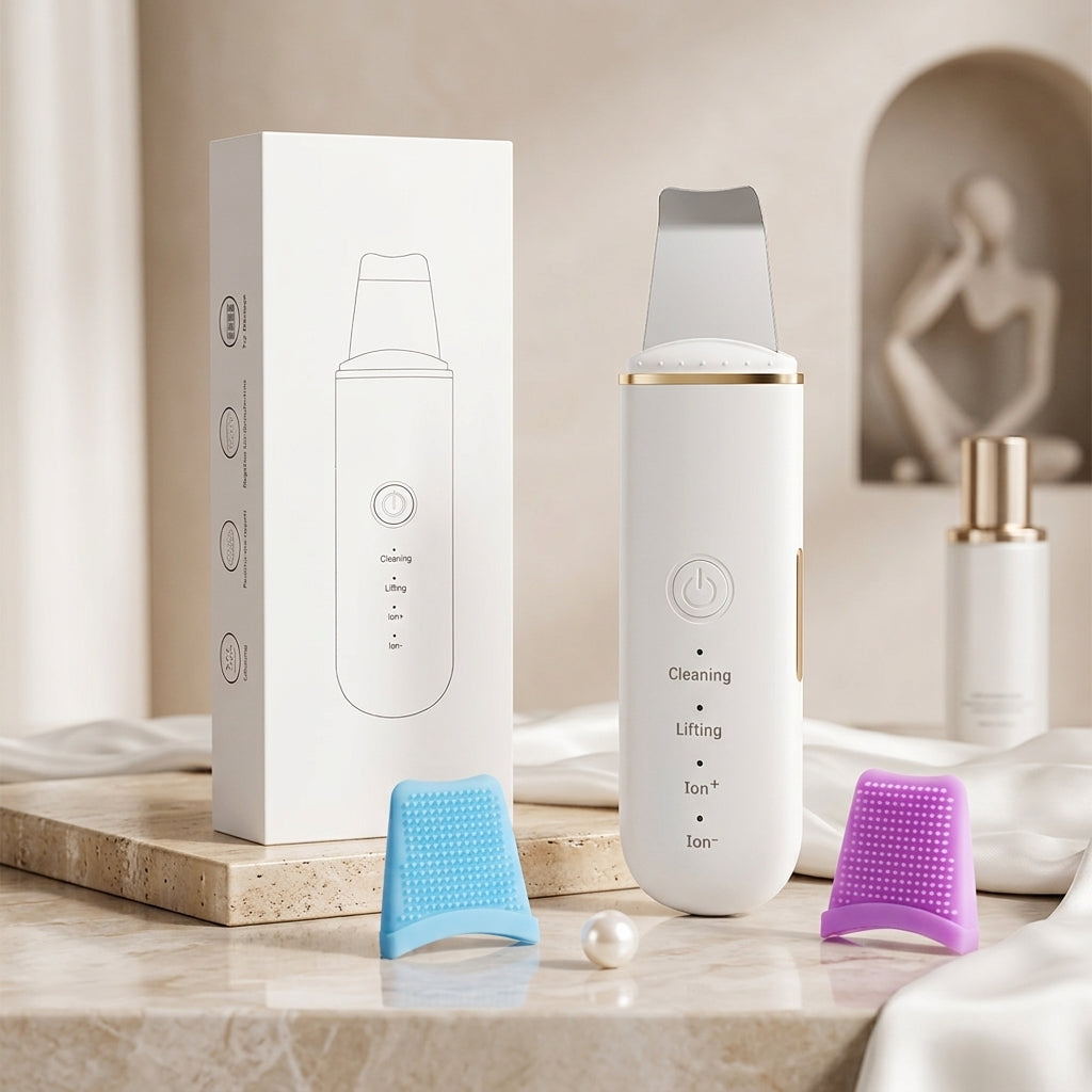 A white skincare device with gold trim stands beside its white product box on a marble surface. Two small applicator pads, one blue and one purple, are placed in front, along with a pearl-like sphere and a softly styled bathroom setting in the background.