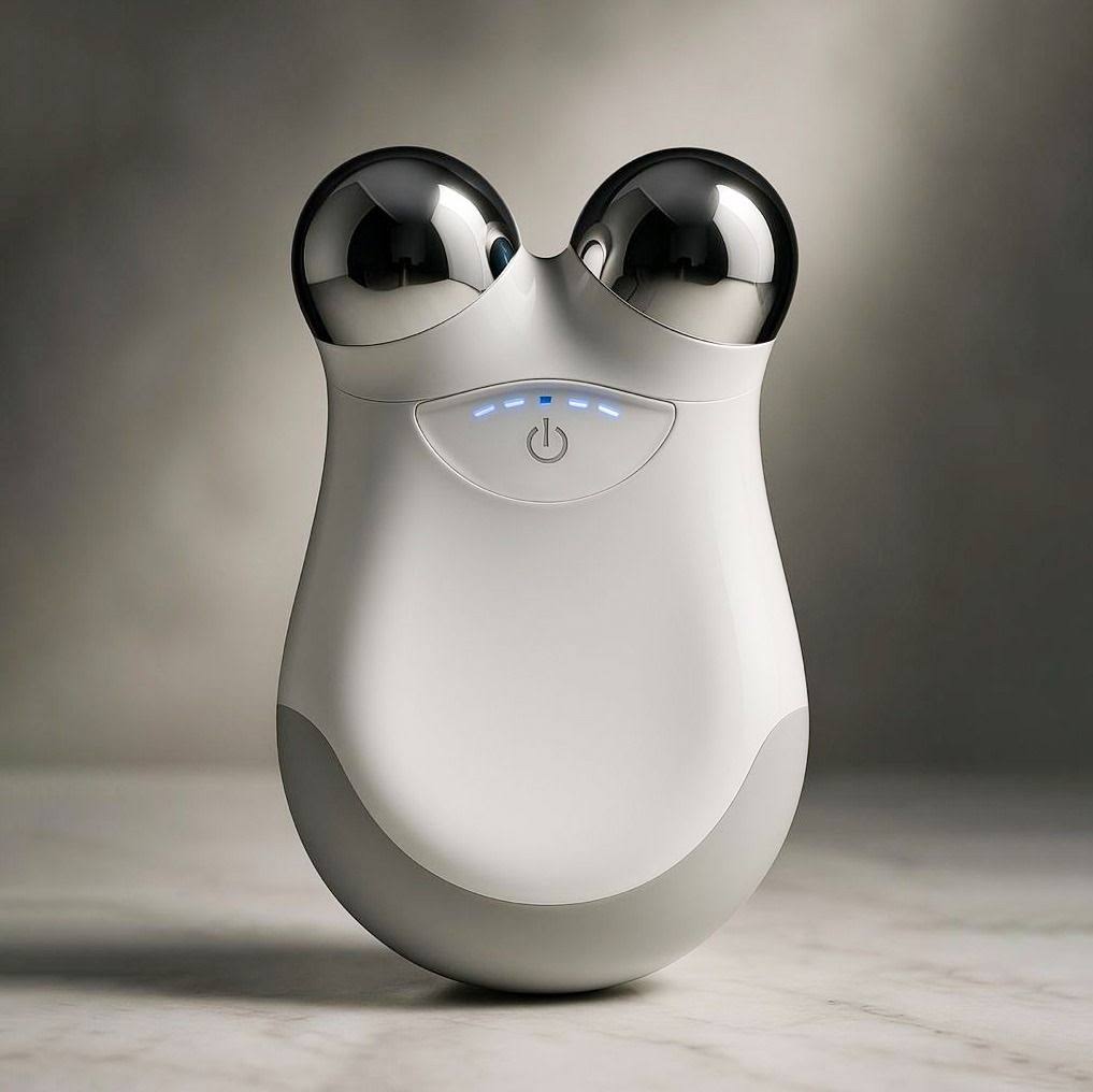 A white and silver frog-shaped beauty device with two metallic globes on top, standing on a light marble surface against a soft gray background.